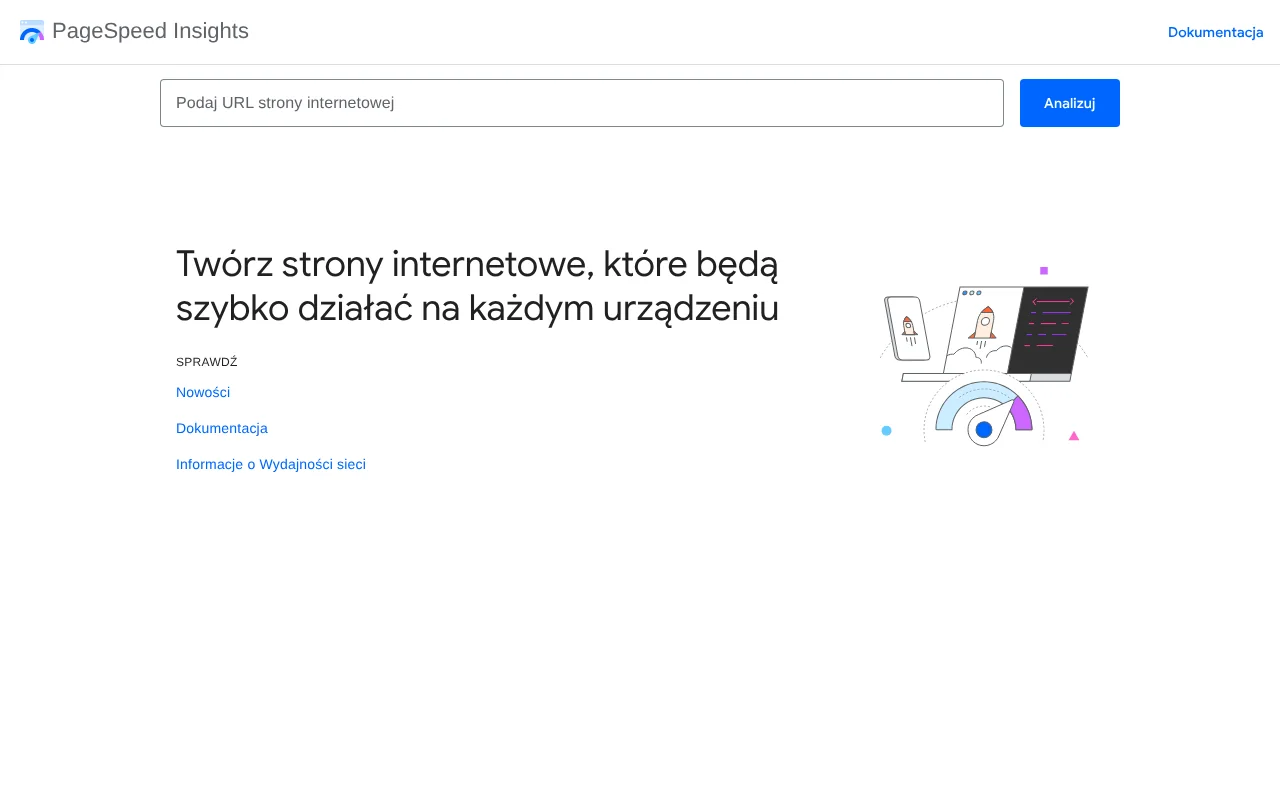 Ekran startowy narzędzia PageSpeed Insights z polem na adres strony, w którym można sprawdzić wynik CLS