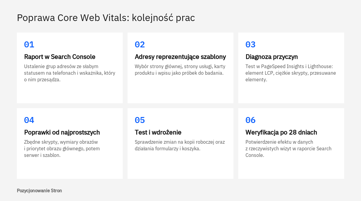Schemat kolejności prac nad Core Web Vitals: od raportu w Search Console, przez diagnozę i poprawki, po weryfikację