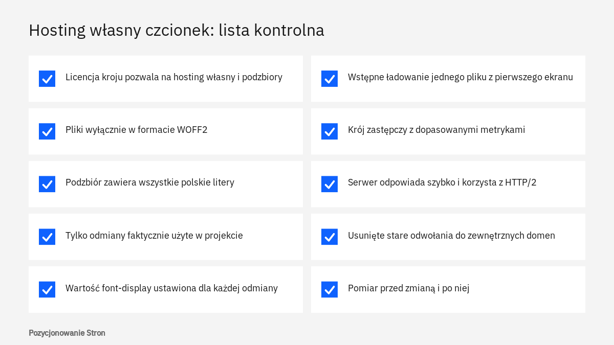Lista kontrolna przed przeniesieniem czcionek internetowych na własny serwer: licencja, format, podzbiory i pomiar