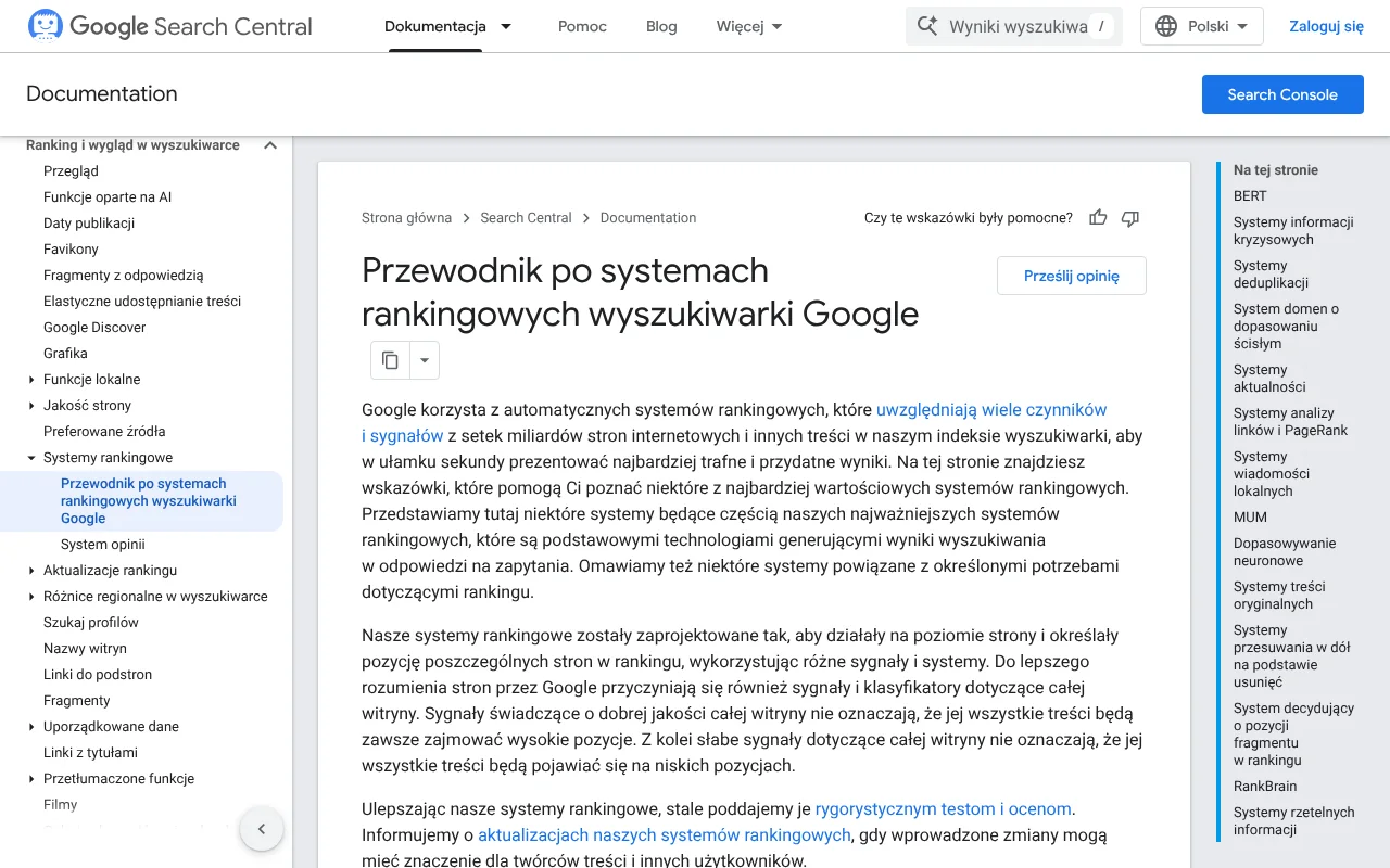 Strona dokumentacji Google Search Central z przewodnikiem po systemach rankingowych wyszukiwarki Google w polskiej wersji