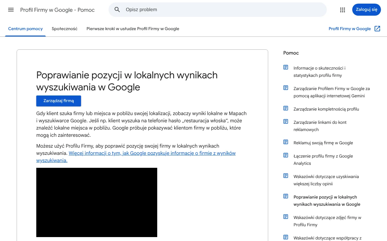 Strona pomocy Profilu Firmy w Google o poprawianiu pozycji w lokalnych wynikach wyszukiwania z opisem trzech czynników