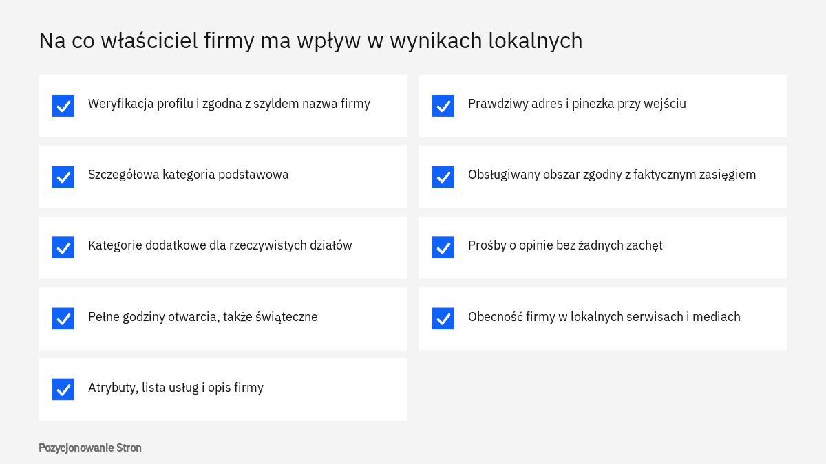 Lista elementów Profilu Firmy, na które właściciel ma wpływ w ramach czynników wyników lokalnych w Google