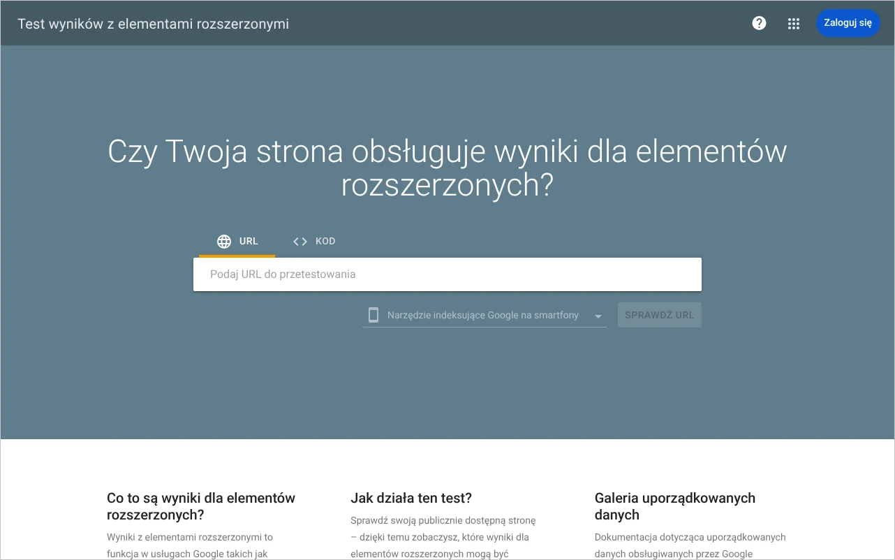 Ekran startowy testu wyników z elementami rozszerzonymi Google z polem na adres strony i zakładką do wklejenia kodu