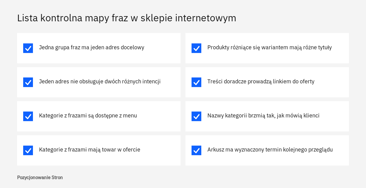Lista kontrolna doboru fraz dla sklepu internetowego: jeden adres na intencję, różne tytuły produktów, linki z porad