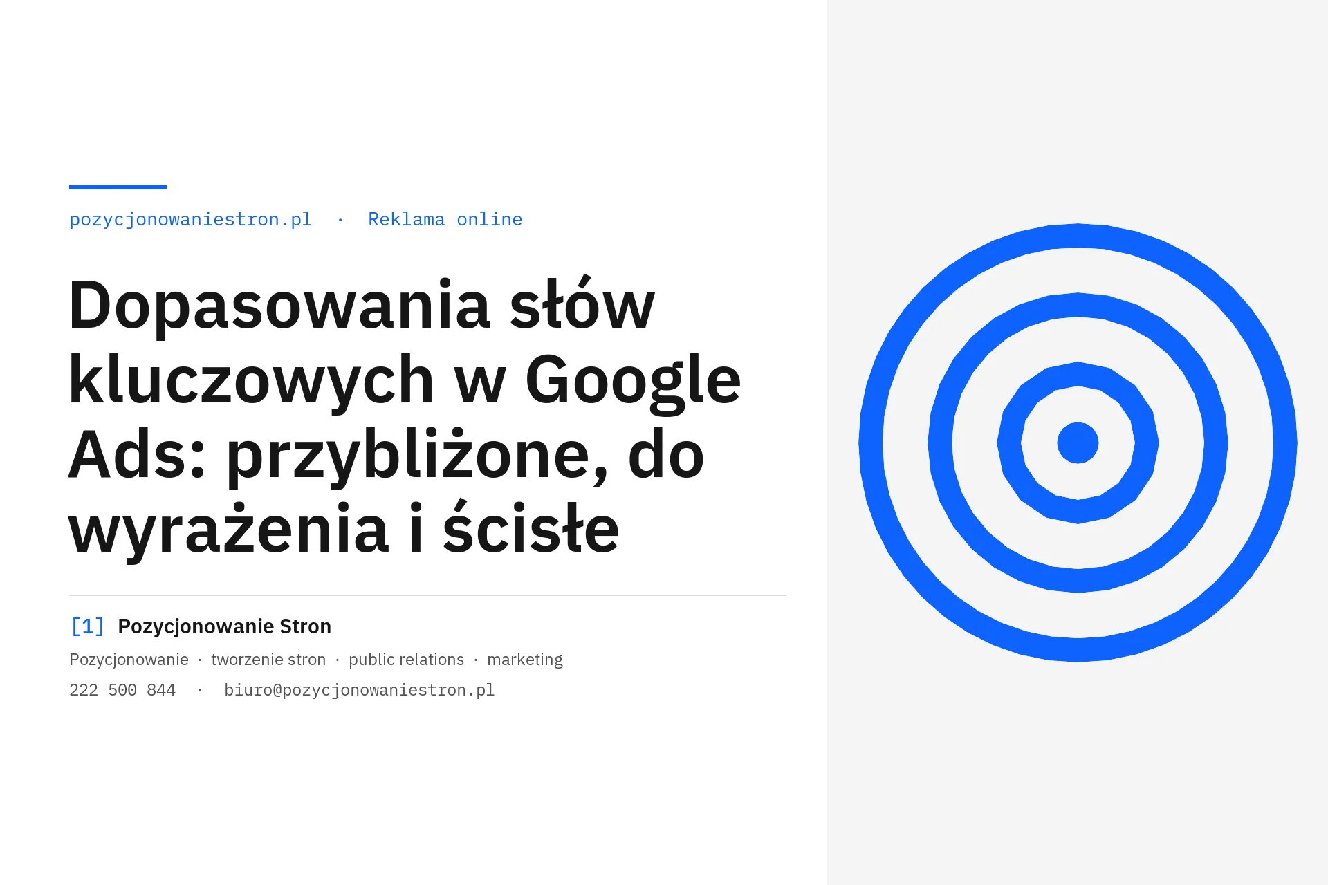 Dopasowania słów kluczowych w Google Ads: trzy typy - okładka wpisu na blogu Pozycjonowanie Stron