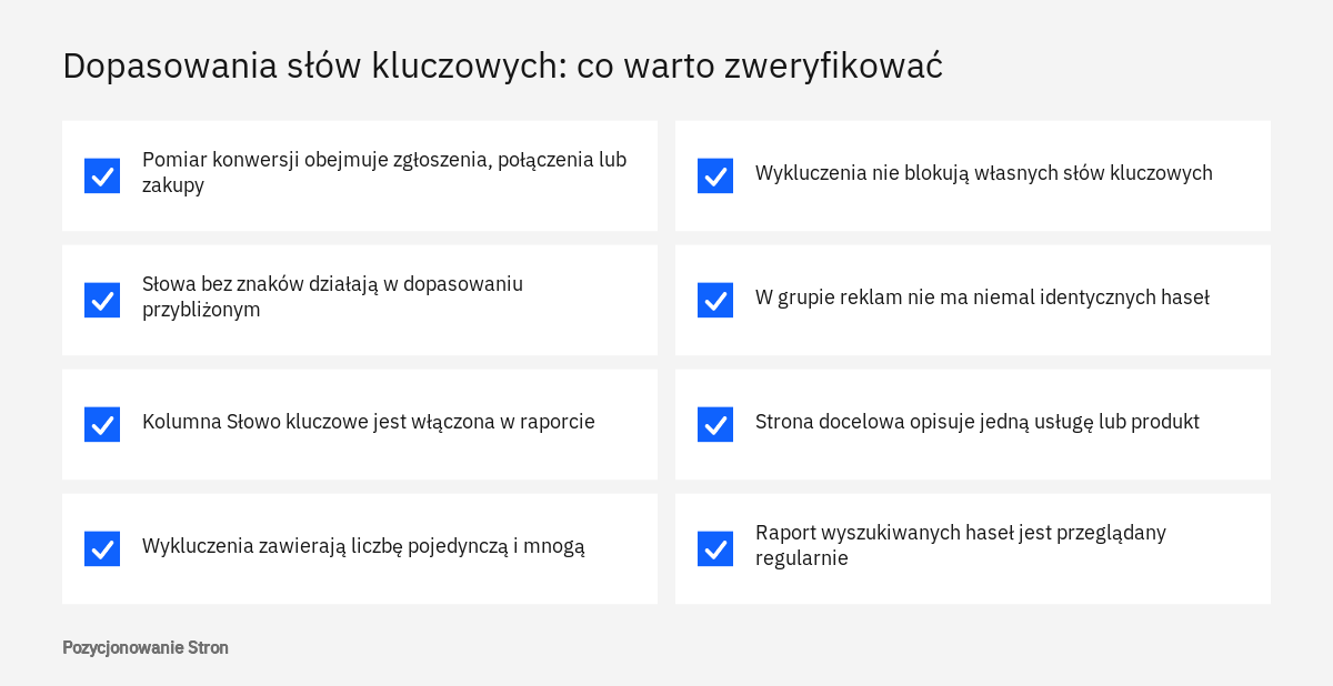 Lista kontrolna dla dopasowania słów kluczowych w Google Ads: pomiar konwersji, wykluczenia i raport haseł