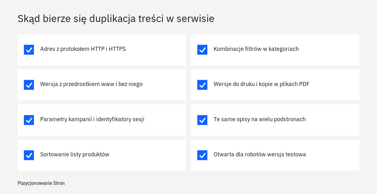 Lista źródeł, z których bierze się duplikacja treści w serwisie: protokoły, parametry, sortowanie, filtry i kopie opisów
