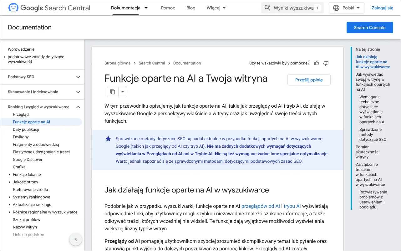 Strona dokumentacji Centrum wyszukiwarki Google opisująca funkcje oparte na AI i wymagania wobec witryn