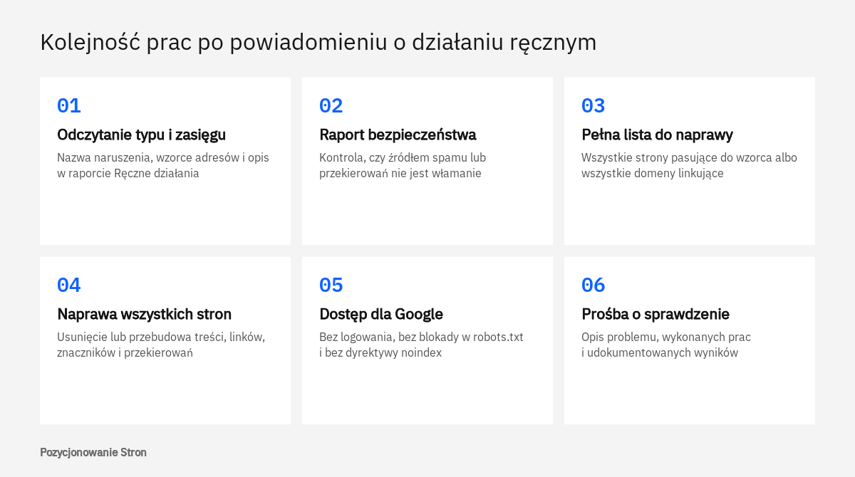 Schemat kolejnych czynności po powiadomieniu o działaniu ręcznym w Search Console, od odczytania typu po prośbę o sprawdzenie