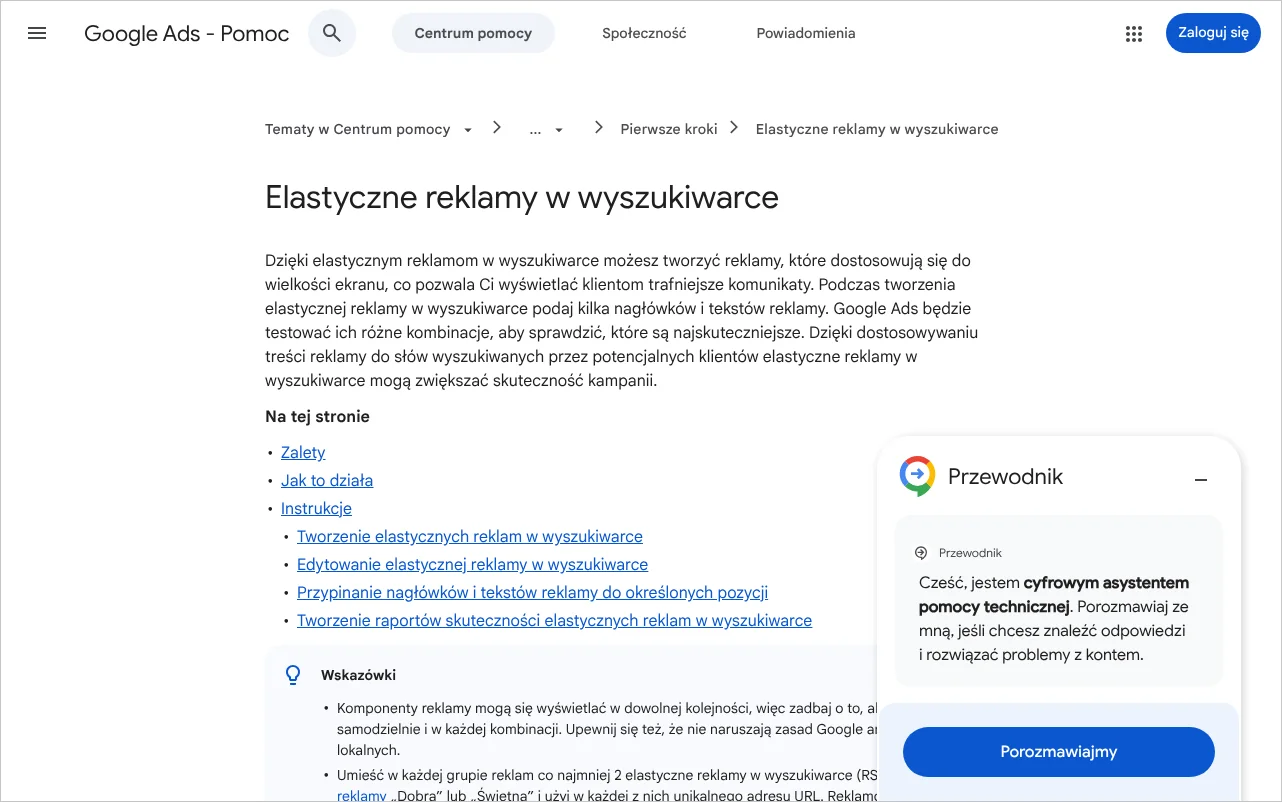 Strona pomocy Google Ads o elastycznych reklamach w wyszukiwarce z opisem nagłówków, tekstów i przypinania