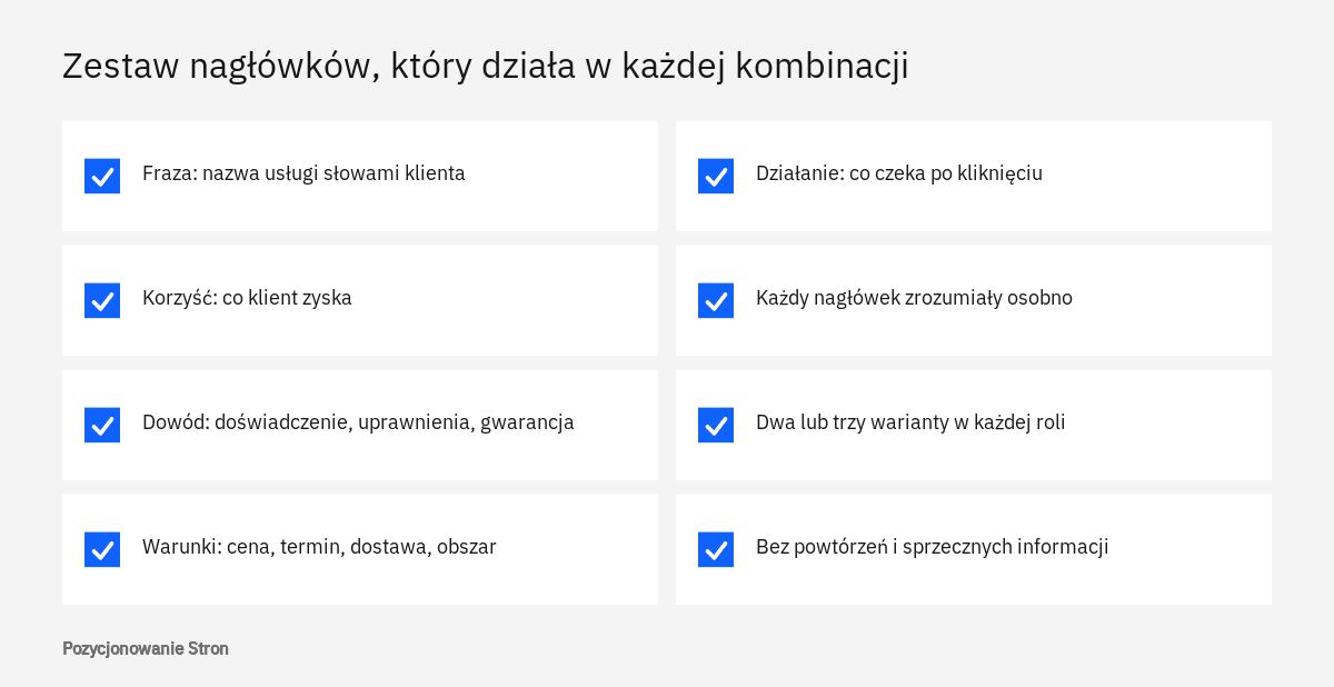 Lista kontrolna pisania nagłówków elastycznej reklamy w wyszukiwarce: role komunikatów, samodzielność i brak powtórzeń