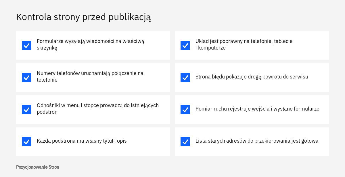 Lista kontrolna ostatniego z etapów tworzenia strony internetowej, czyli testów przed publikacją