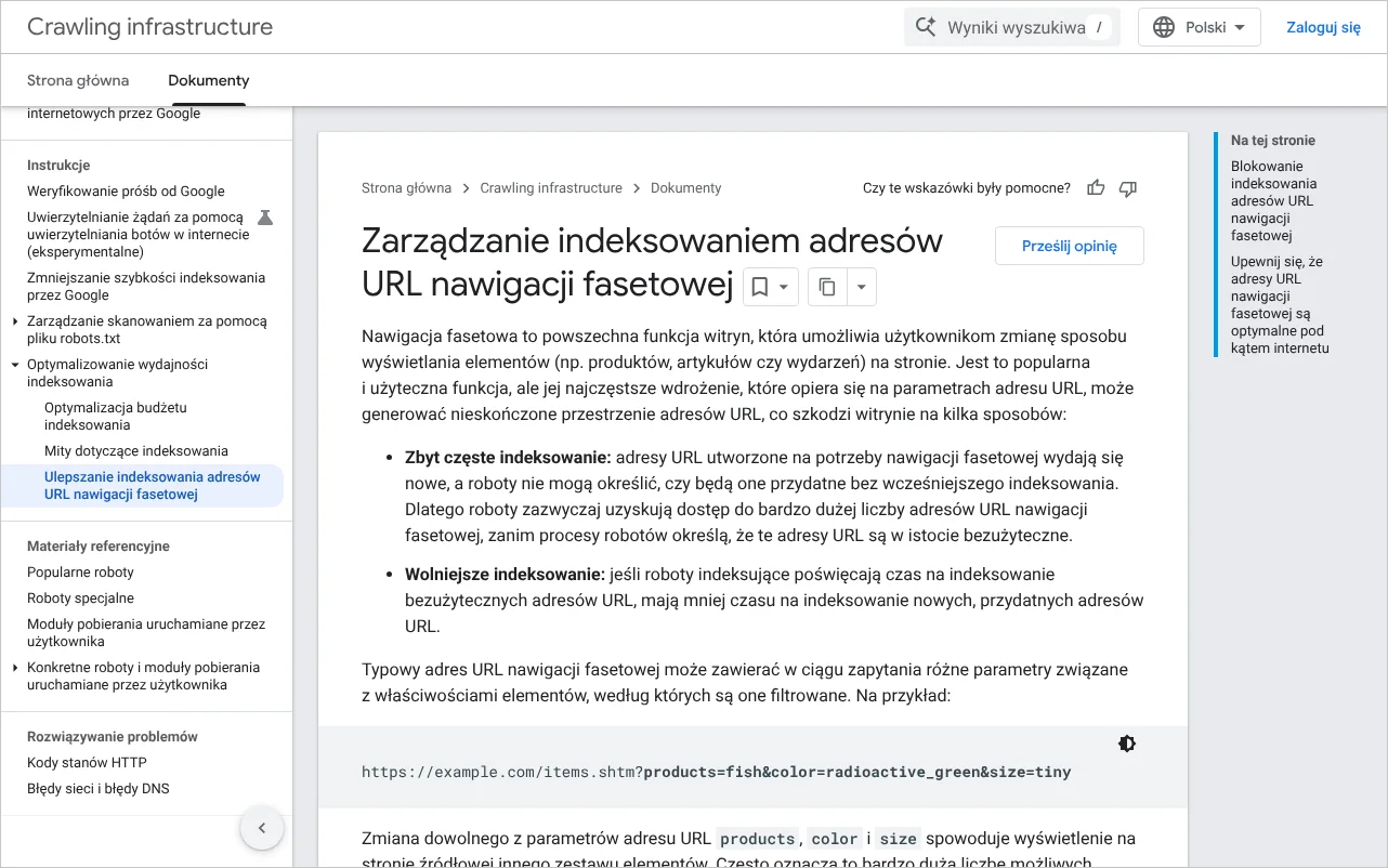 Strona dokumentacji Google o zarządzaniu indeksowaniem adresów URL nawigacji fasetowej w wersji polskiej