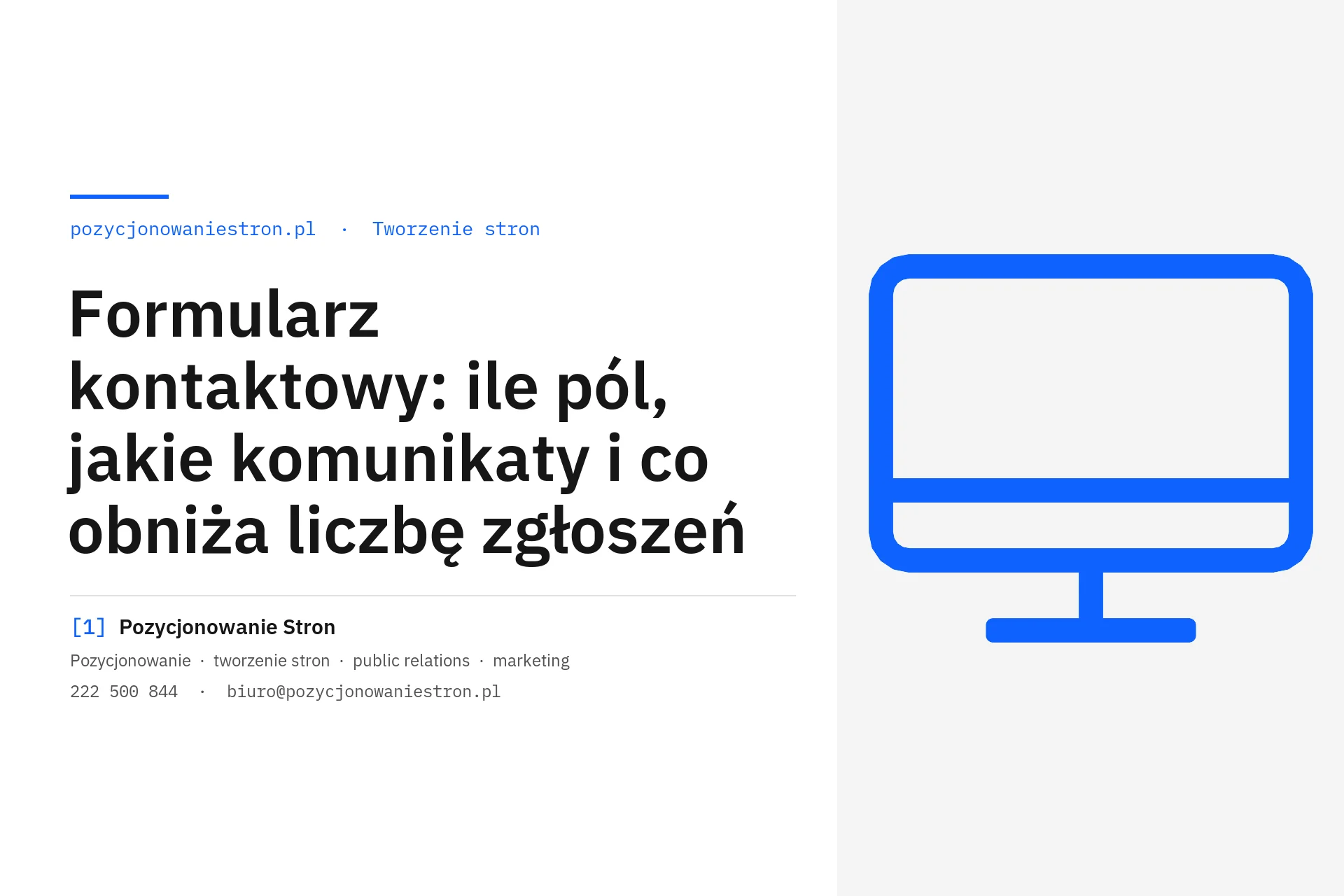 Formularz kontaktowy: pola, komunikaty i liczba zgłoszeń - okładka wpisu na blogu Pozycjonowanie Stron
