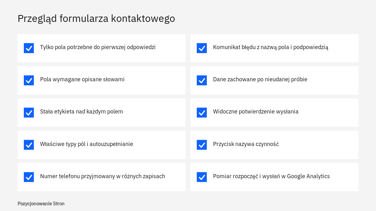 Lista kontrolna przeglądu formularza kontaktowego: pola, etykiety, komunikaty błędów, potwierdzenie i pomiar zgłoszeń