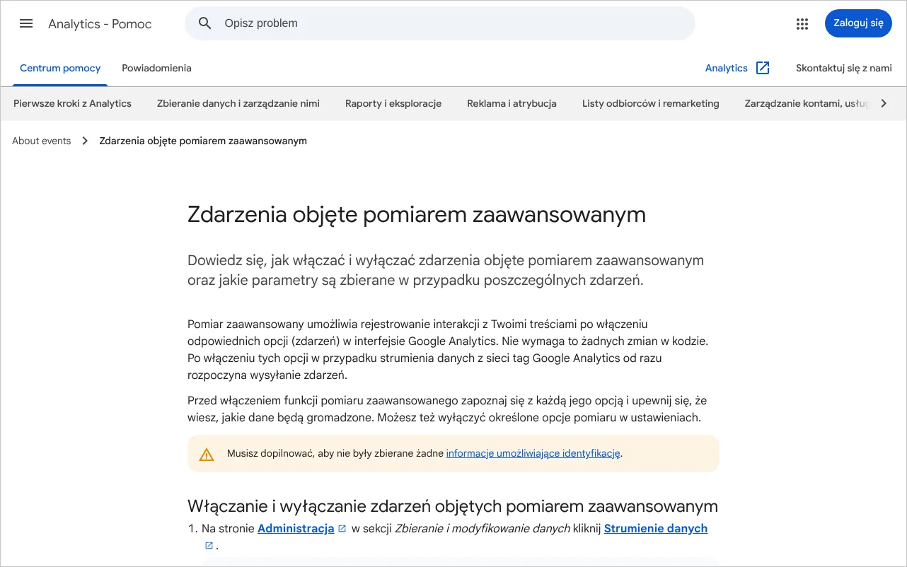 Strona pomocy Google Analytics opisująca zdarzenia objęte pomiarem zaawansowanym, w tym interakcje z formularzem