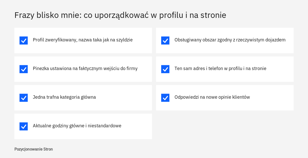 Lista kontrolna danych firmy, które warto uporządkować, aby pojawiać się w Google na frazy blisko mnie