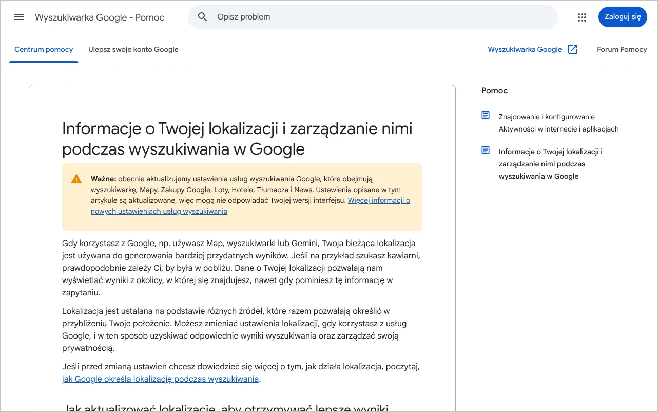 Strona pomocy wyszukiwarki Google opisująca, skąd pochodzi lokalizacja używana podczas wyszukiwania