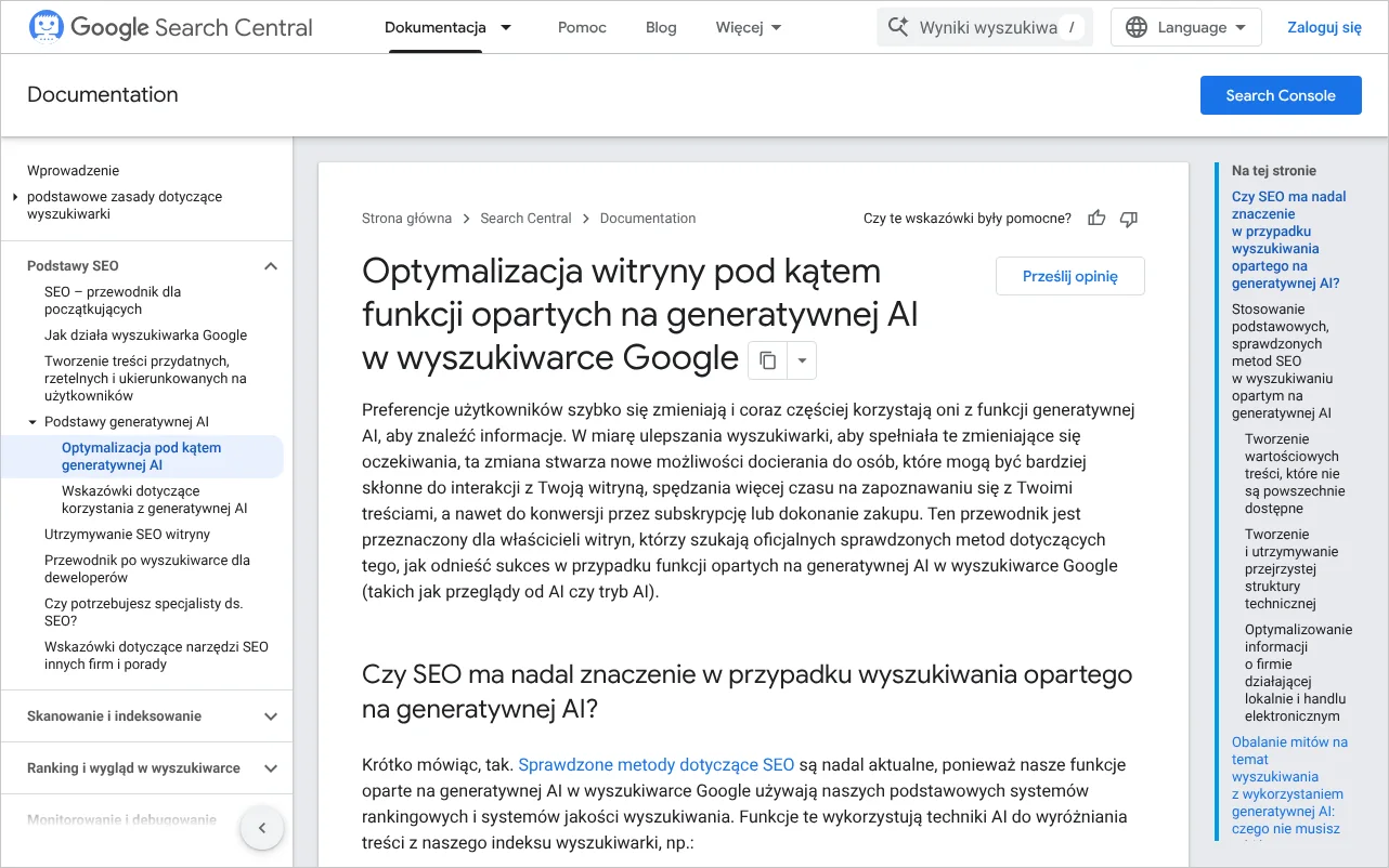 Strona dokumentacji Google o optymalizacji witryny pod kątem funkcji opartych na generatywnej AI w wyszukiwarce