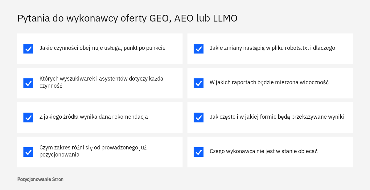 Lista pytań, które warto zadać wykonawcy przed zamówieniem usługi nazwanej GEO, AEO lub LLMO, aby poznać jej zakres