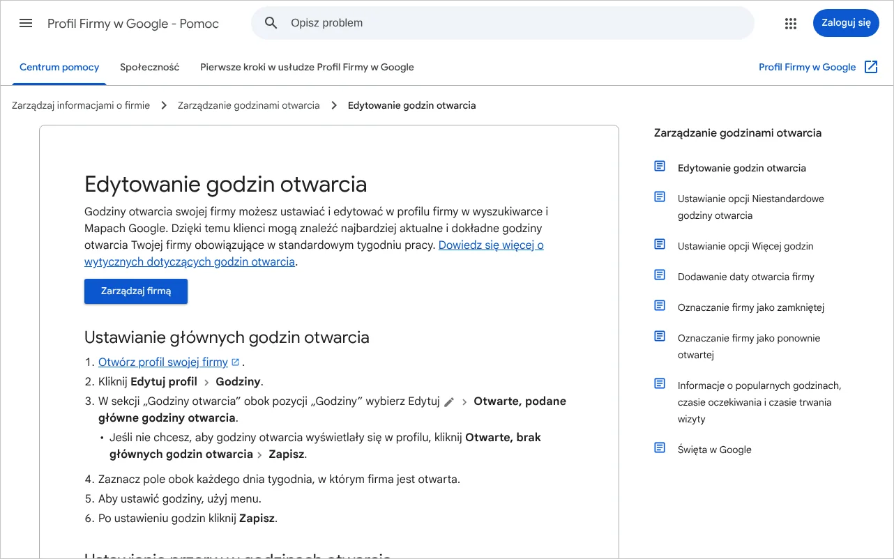 Strona pomocy Google z instrukcją edytowania godzin otwarcia w Profilu Firmy w Google