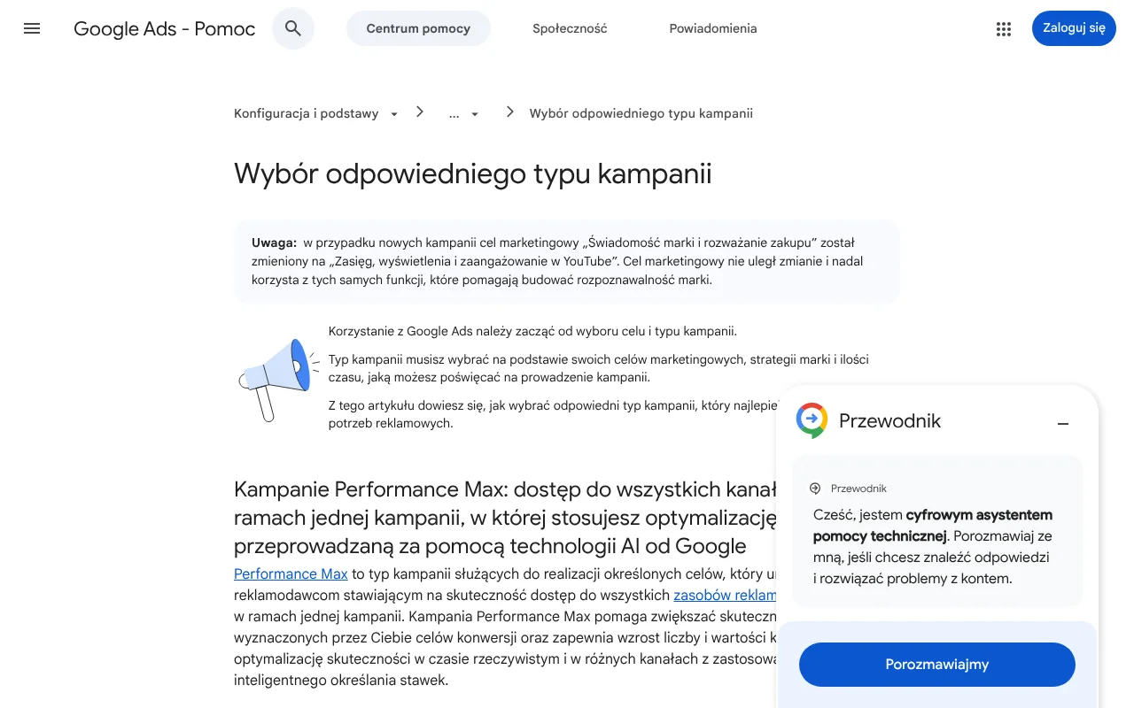 Strona pomocy Google Ads z opisem typów kampanii: Performance Max, sieć wyszukiwania, sieć reklamowa, wideo i produktowe