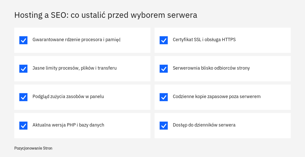 Lista kontrolna wyboru hostingu pod SEO: zasoby, limity konta, wersja PHP, lokalizacja serwerowni i kopie zapasowe