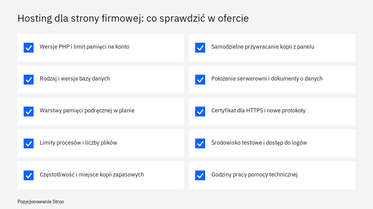 Lista kontrolna parametrów, które warto sprawdzić w ofercie hostingu dla strony firmowej, od wersji PHP po pomoc techniczną