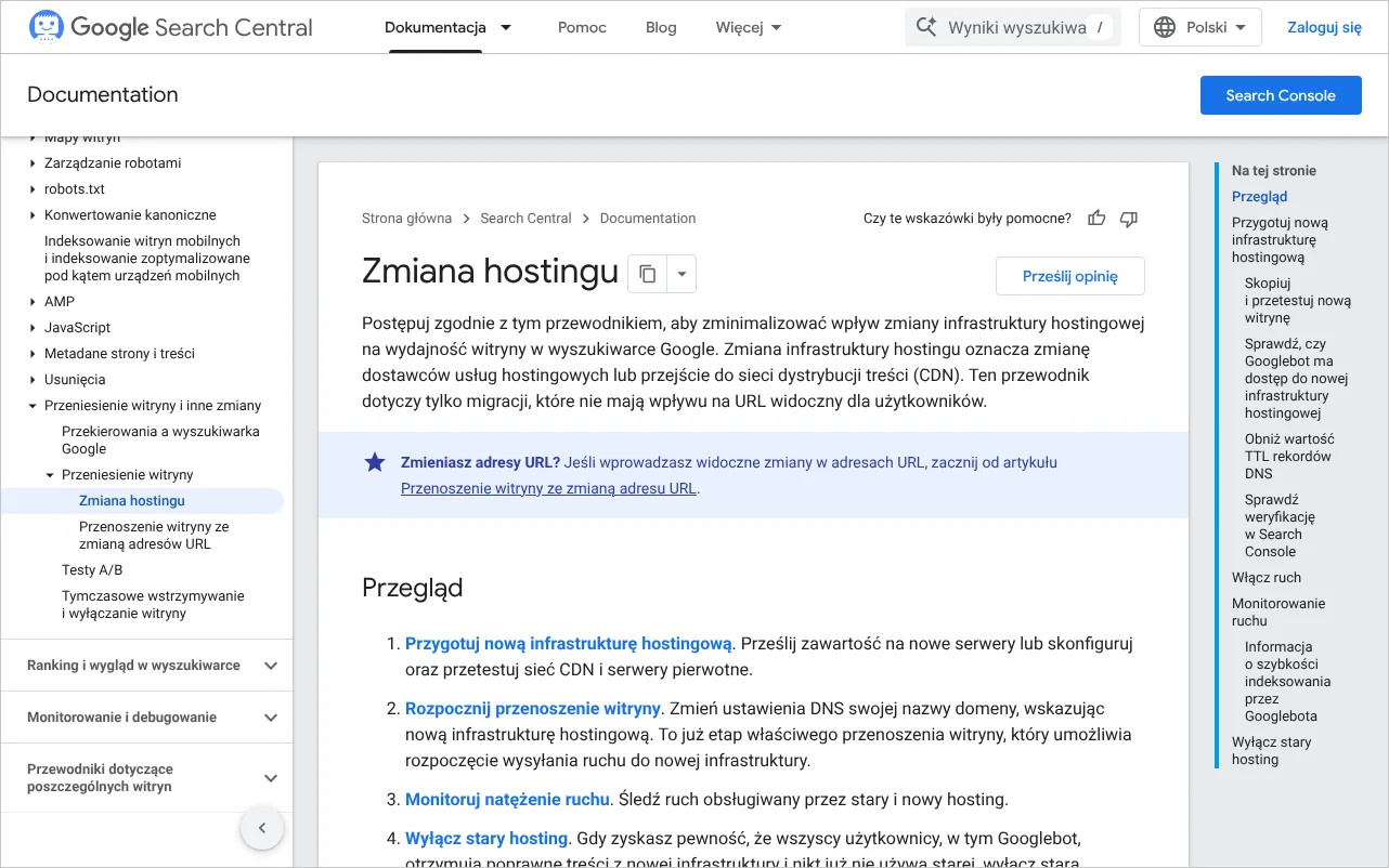 Strona dokumentacji Centrum wyszukiwarki Google z zaleceniami dotyczącymi zmiany hostingu internetowego bez zmiany adresów
