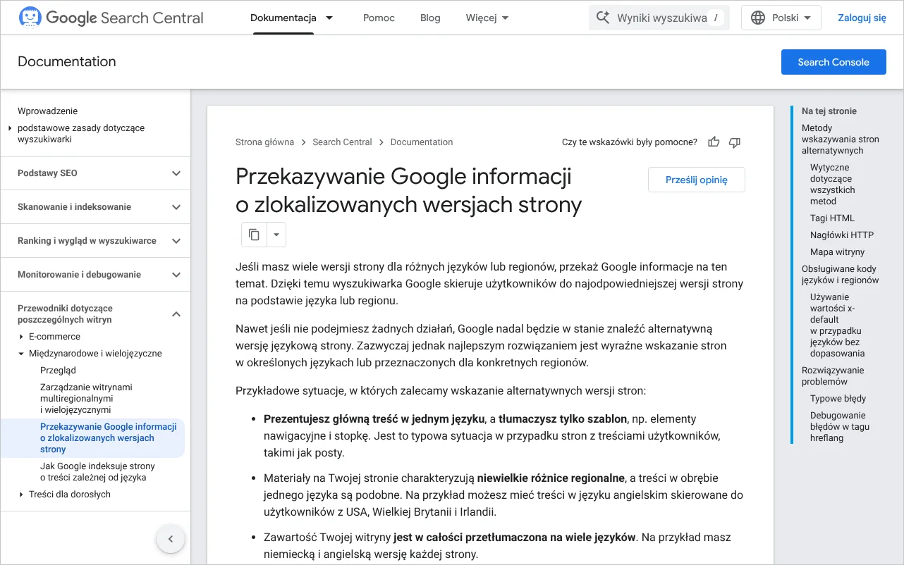 Strona dokumentacji Google o przekazywaniu informacji o zlokalizowanych wersjach strony i oznaczeniach hreflang
