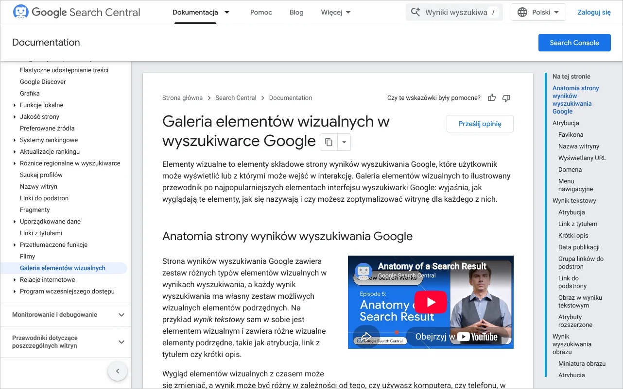 Strona dokumentacji Google z galerią elementów wizualnych, które pojawiają się na stronie wyników wyszukiwania
