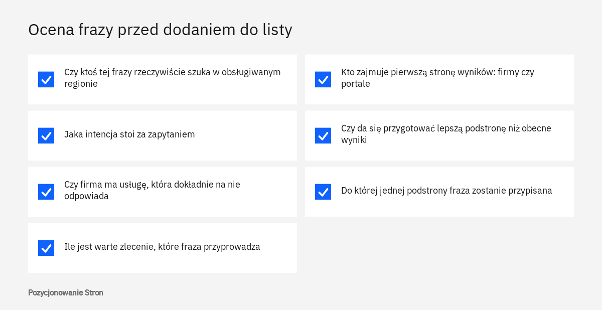 Lista kontrolna oceny słowa kluczowego: liczba wyszukiwań, dopasowanie do oferty, wartość klienta i trudność frazy
