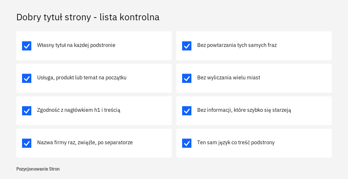 Lista kontrolna pokazująca, jak pisać tytuł strony: unikalność, ważne słowa na początku, zgodność z nagłówkiem h1