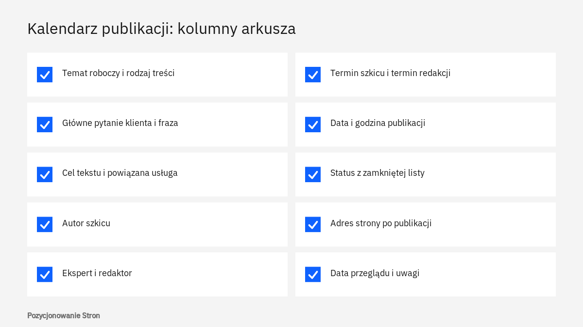Lista kolumn, które powinien zawierać arkusz kalendarza publikacji treści w firmie, od tematu po datę przeglądu