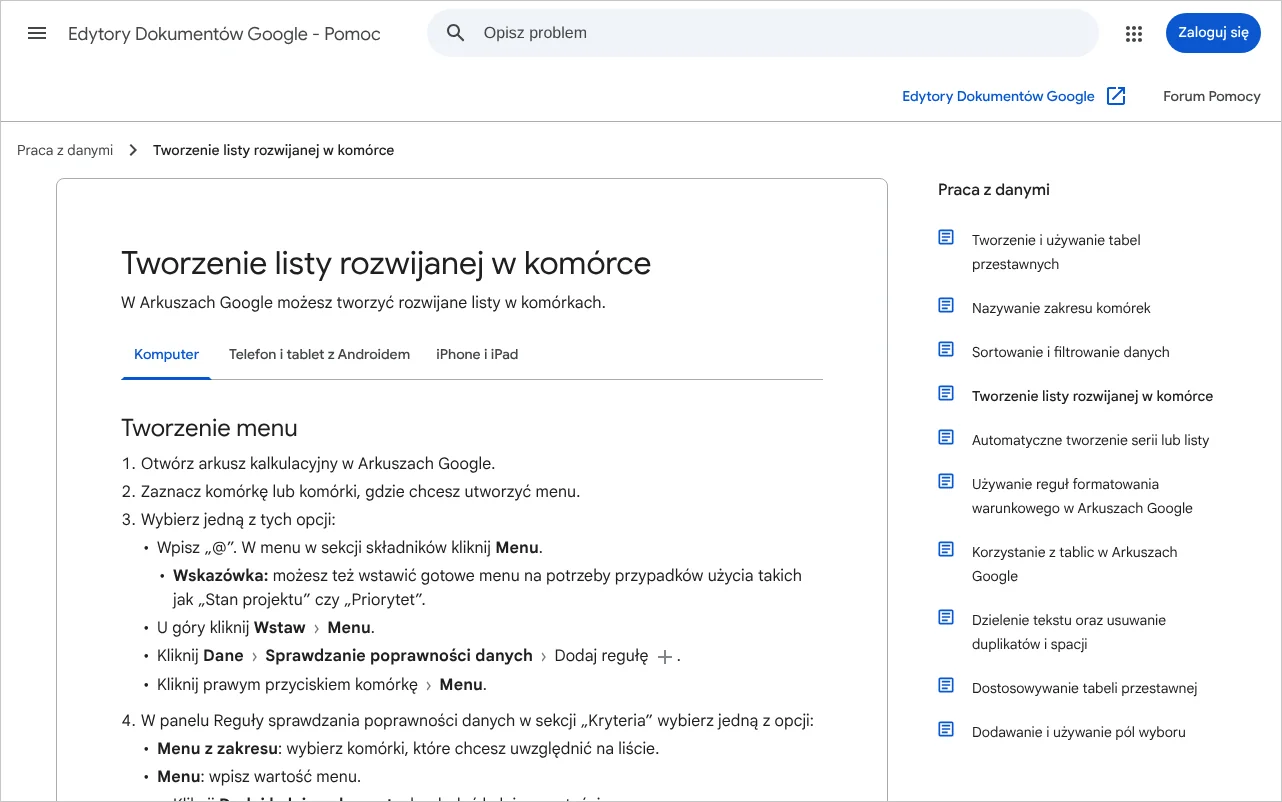 Strona pomocy Edytorów Dokumentów Google opisująca tworzenie listy rozwijanej w komórce arkusza