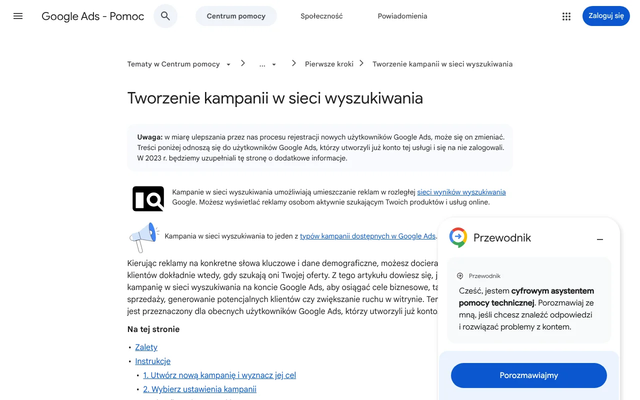 Strona pomocy Google Ads z instrukcją tworzenia kampanii w sieci wyszukiwania: cel, ustawienia, grupy reklam i reklamy