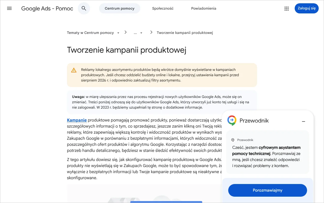 Strona pomocy Google Ads Tworzenie kampanii produktowej z opisem kolejnych ustawień kampanii