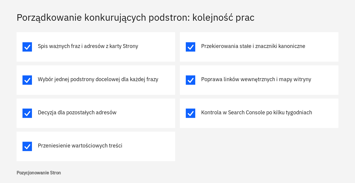 Lista prac przy usuwaniu kanibalizacji słów kluczowych: spis fraz, wybór podstrony, scalenie, przekierowania, linki, kontrola