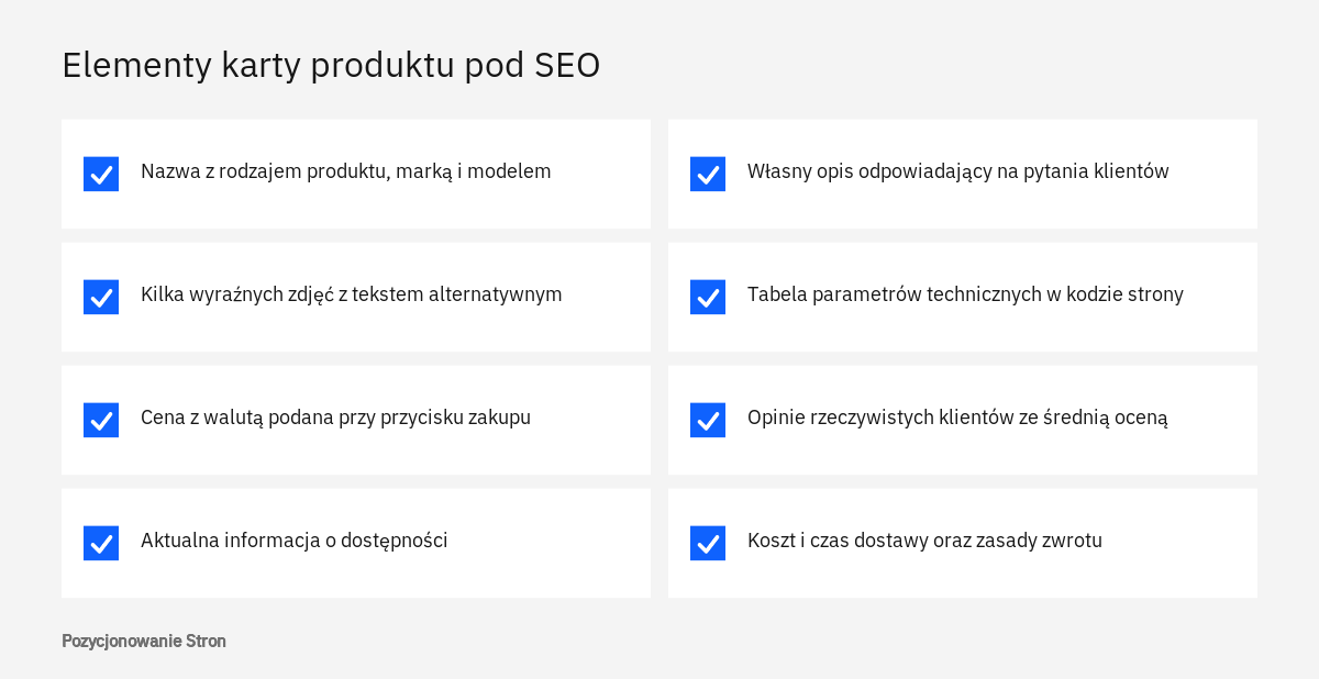 Lista elementów, które powinna zawierać karta produktu pod SEO, od nazwy i zdjęć po dostawę i zwroty