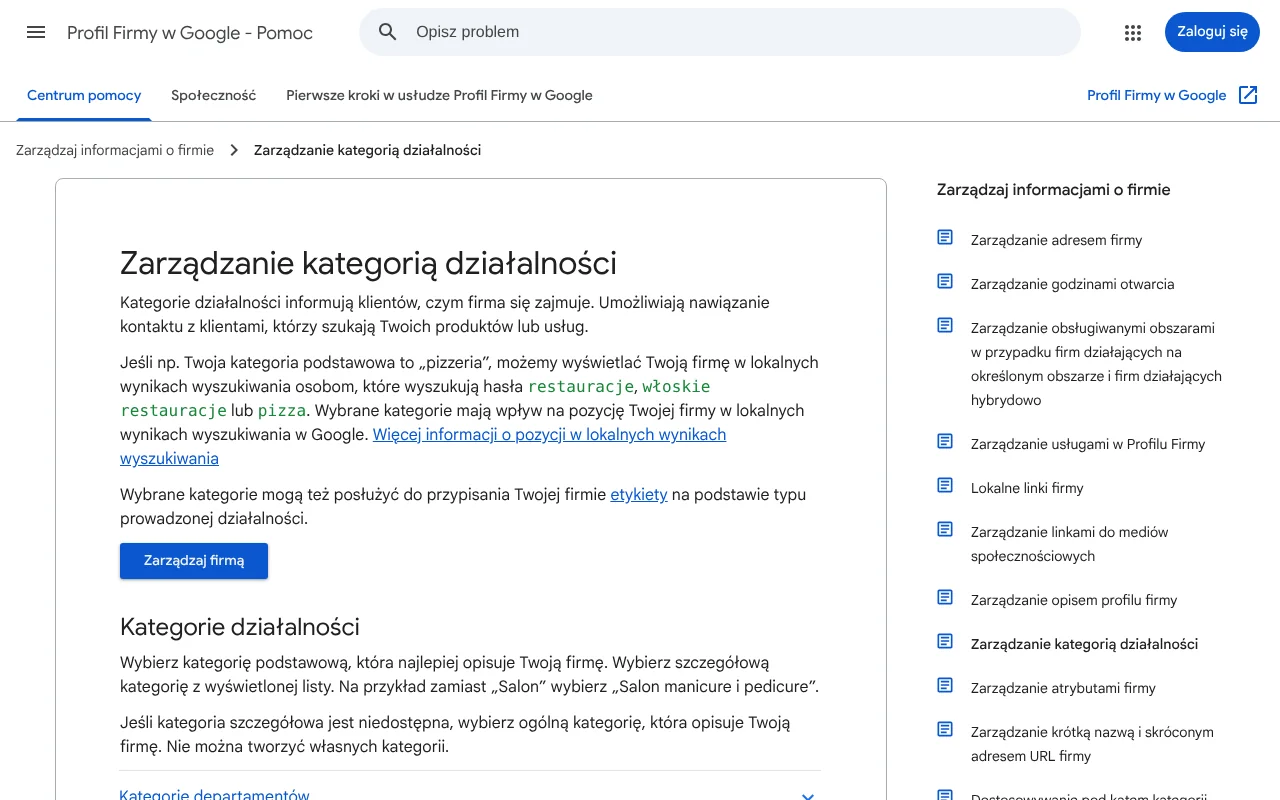 Strona pomocy Profilu Firmy w Google z opisem wyboru kategorii podstawowej i dodatkowych oraz edycji kategorii