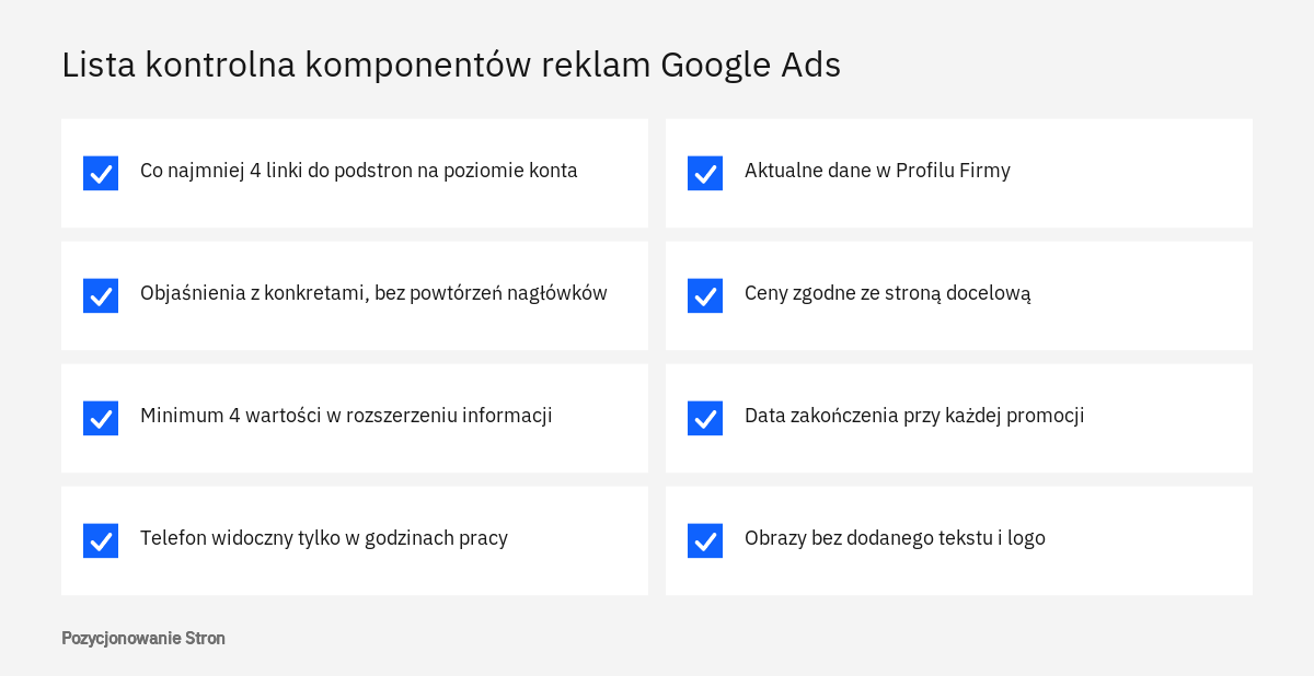Lista kontrolna z ośmioma punktami do sprawdzenia w komponentach reklam Google Ads przed uruchomieniem kampanii
