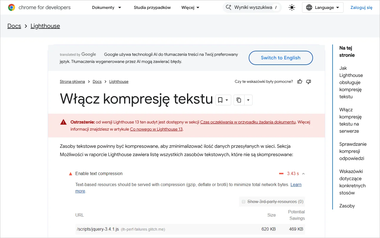 Strona dokumentacji Lighthouse o włączaniu kompresji tekstu z opisem sprawdzania nagłówka content-encoding