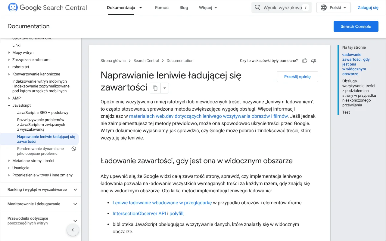 Strona dokumentacji Google Search Central z zaleceniami dotyczącymi leniwie ładowanej zawartości witryny