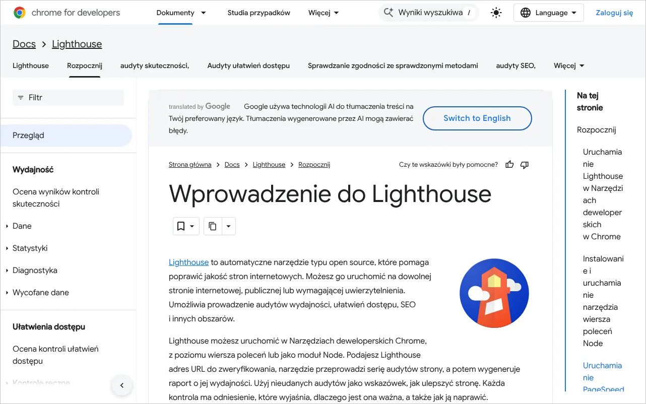 Strona Wprowadzenie do Lighthouse w dokumentacji Chrome for Developers z opisem sposobów uruchomienia audytu