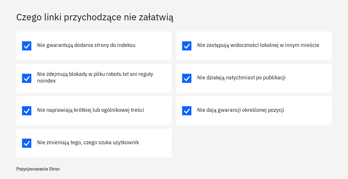 Lista spraw, których linki przychodzące nie rozwiążą: indeksowanie, słaba treść, blokady dla robota, dopasowanie do zapytania