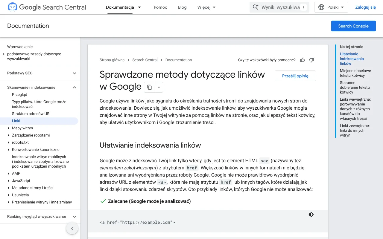 Strona dokumentacji Centrum wyszukiwarki Google ze sprawdzonymi metodami dotyczącymi linków i ich odczytywania przez robota