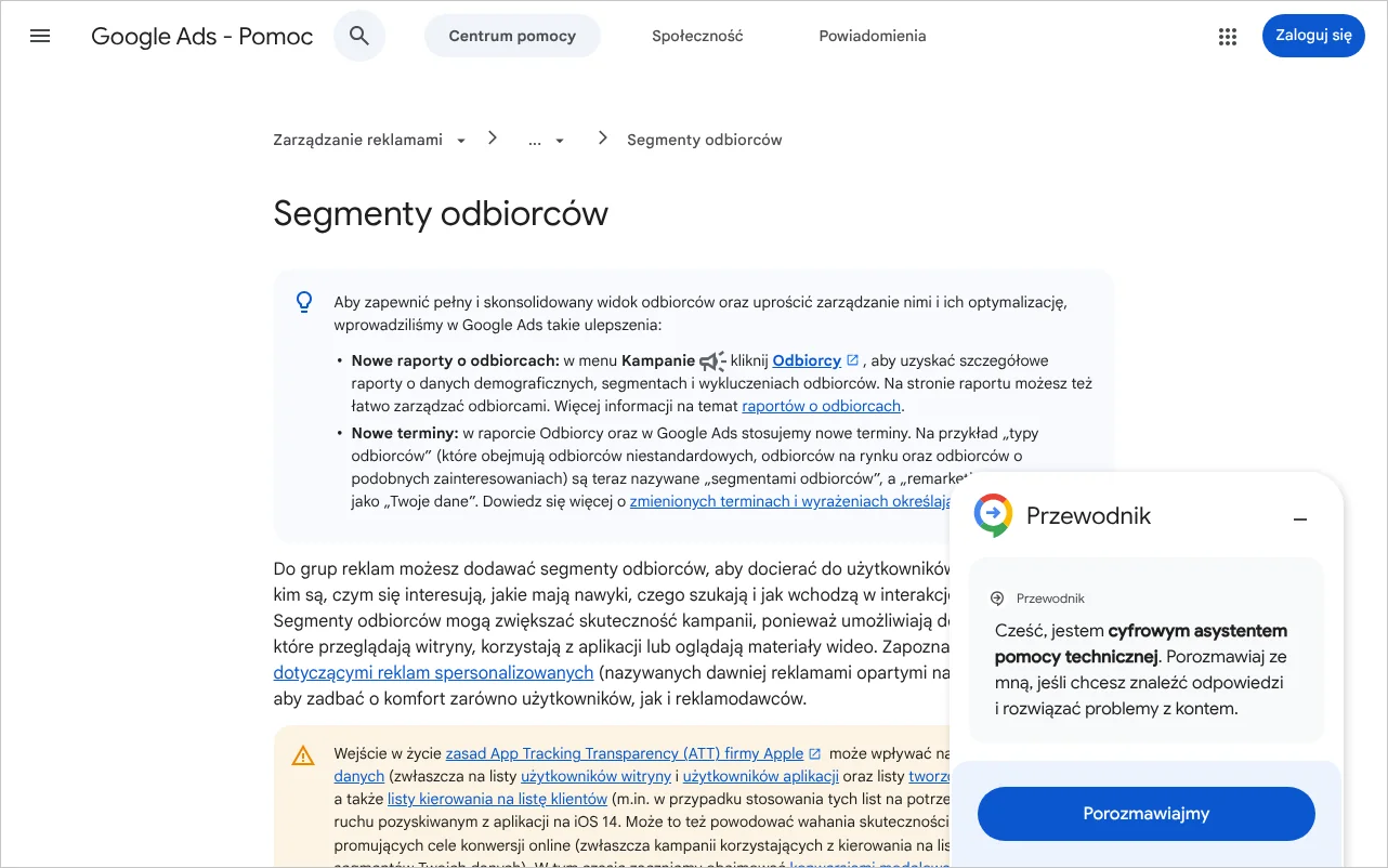 Strona pomocy Google Ads o segmentach odbiorców z opisem rodzajów list odbiorców dostępnych w kampaniach