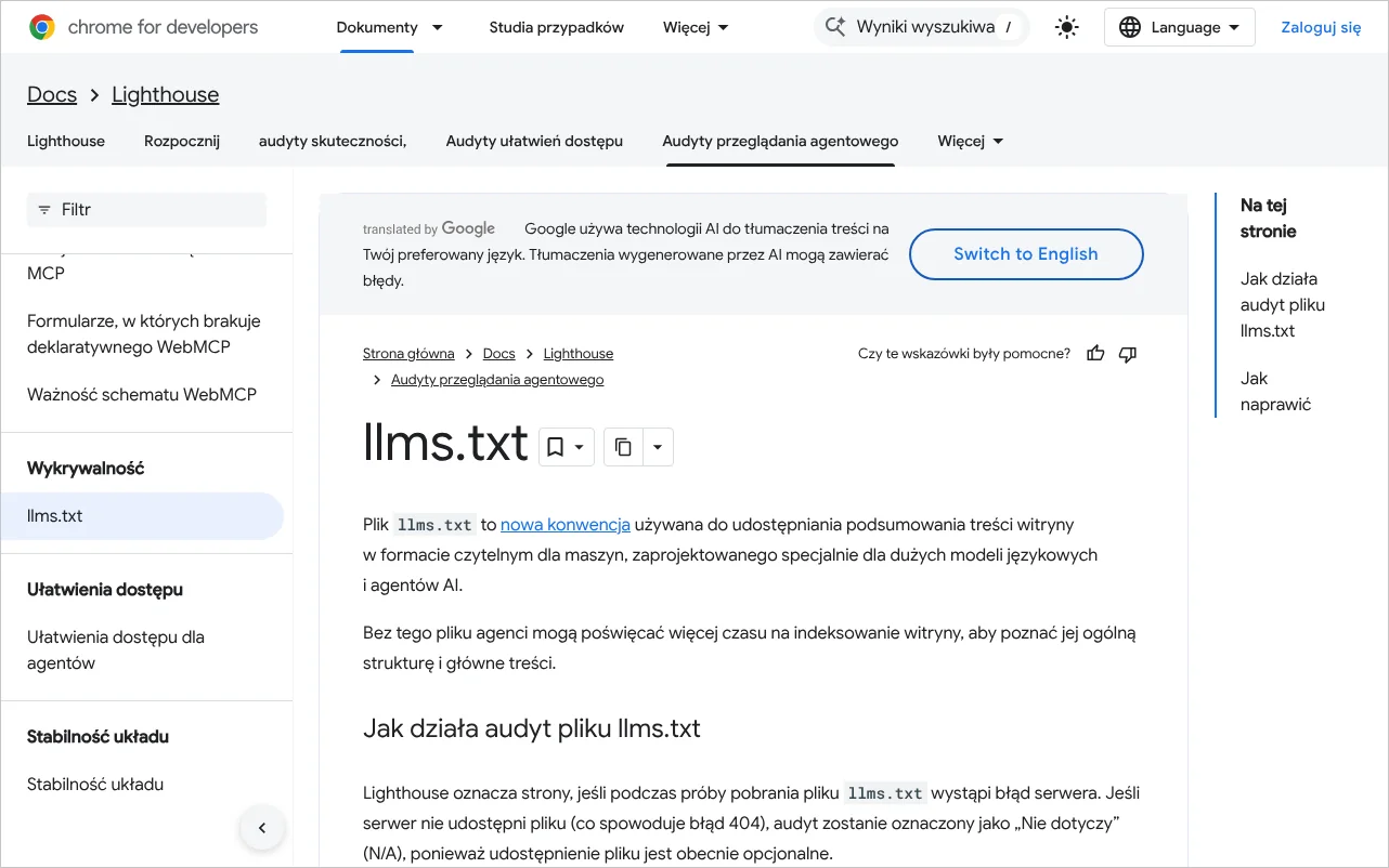 Strona dokumentacji Chrome opisująca audyt llms.txt w Lighthouse, w tym oznaczenie Nie dotyczy przy braku pliku