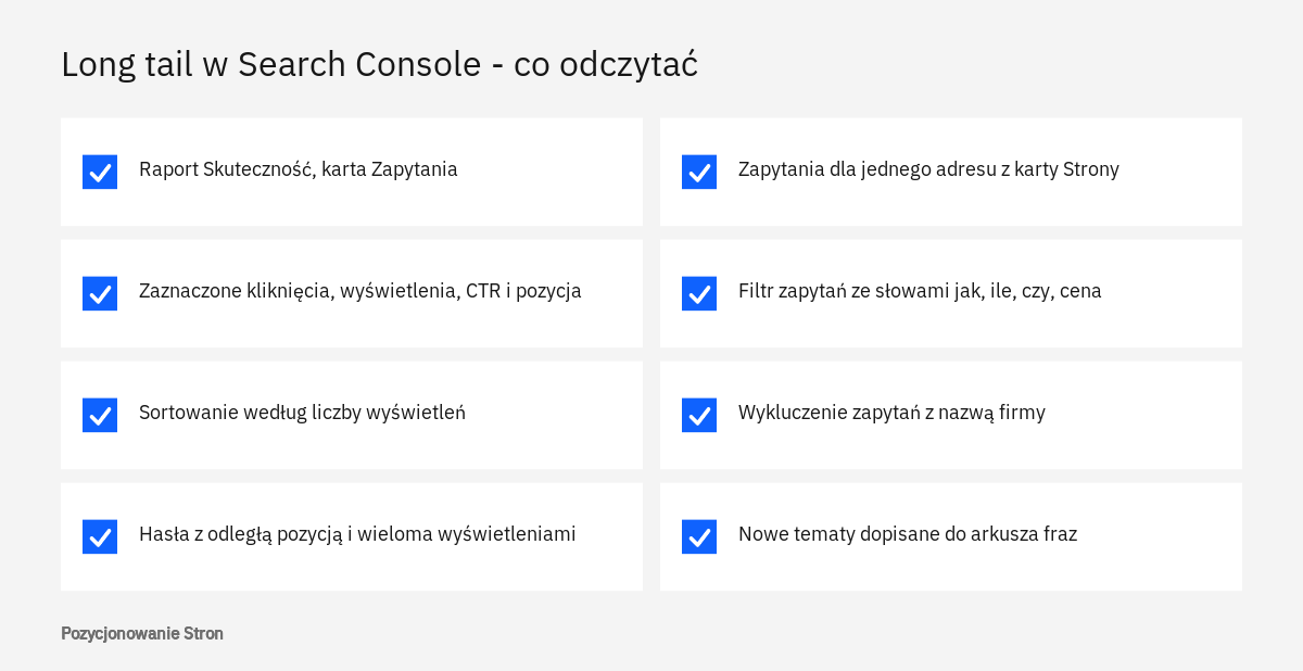 Lista kontrolna odczytów z raportu skuteczności Search Console przy szukaniu fraz long tail dla strony