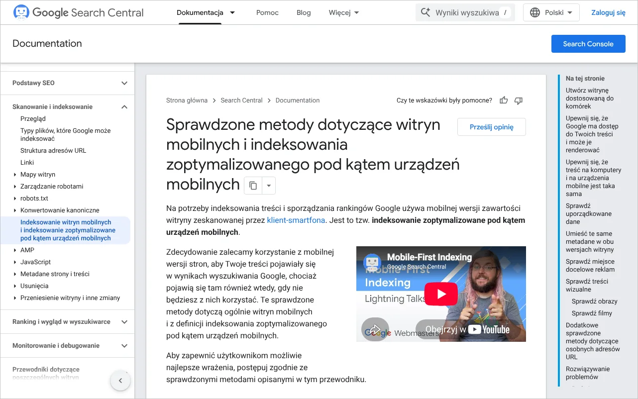 Strona dokumentacji Google o sprawdzonych metodach indeksowania zoptymalizowanego pod kątem urządzeń mobilnych
